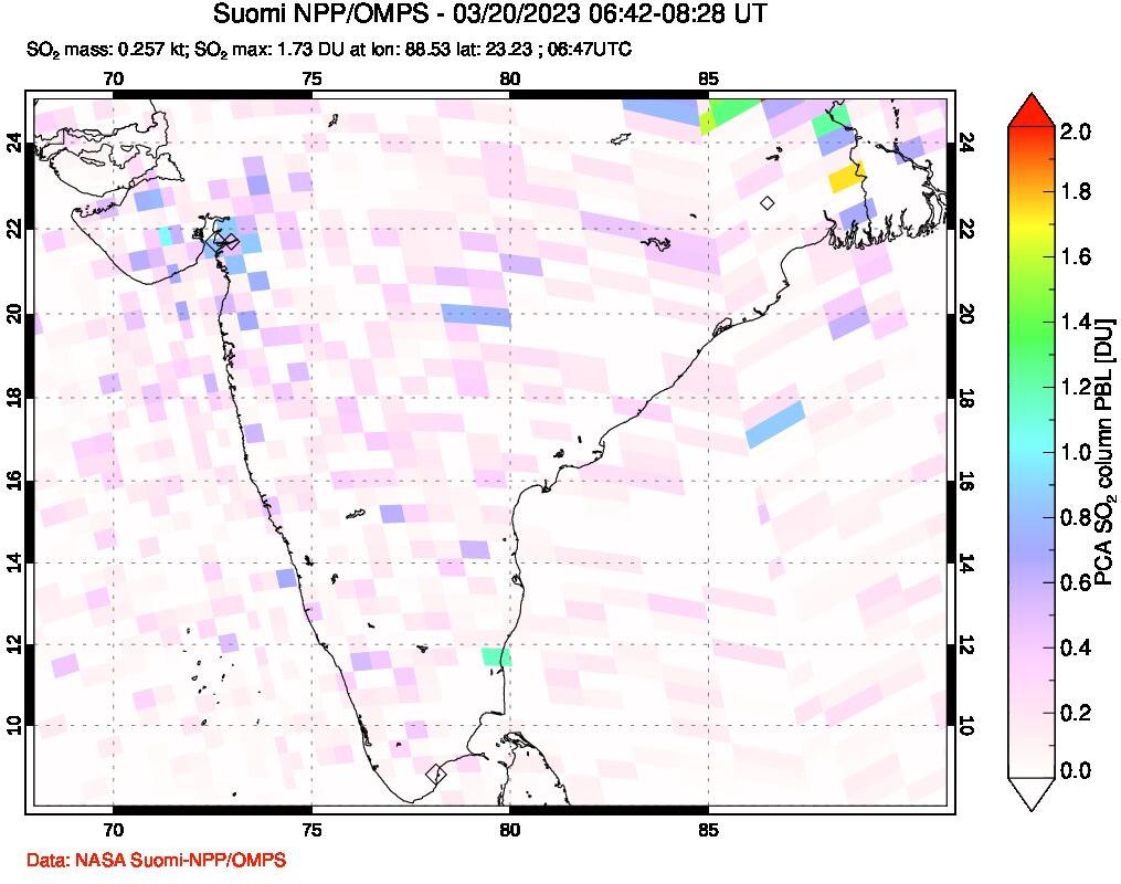A sulfur dioxide image over India on Mar 20, 2023.