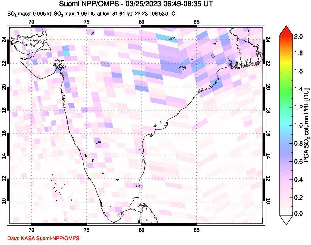 A sulfur dioxide image over India on Mar 25, 2023.