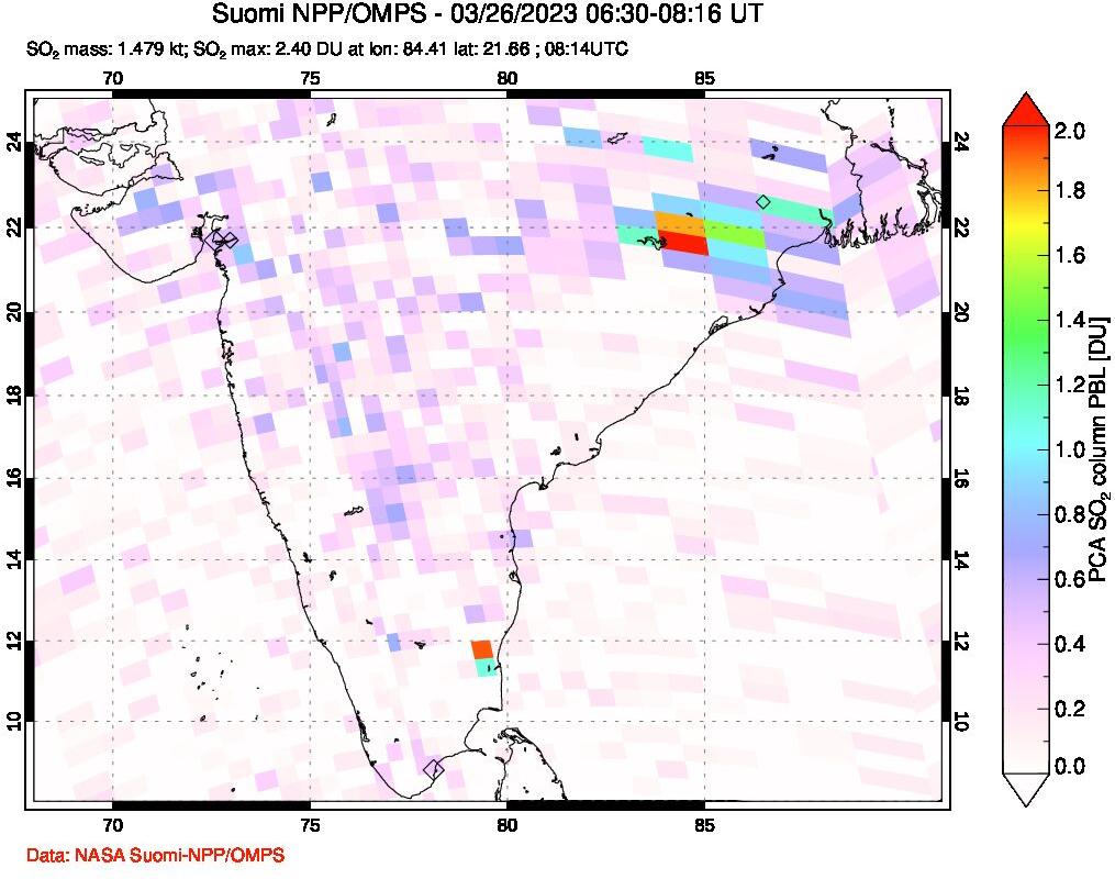 A sulfur dioxide image over India on Mar 26, 2023.