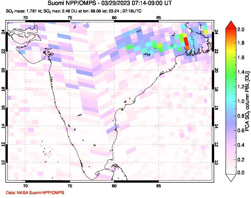 A sulfur dioxide image over India on Mar 29, 2023.