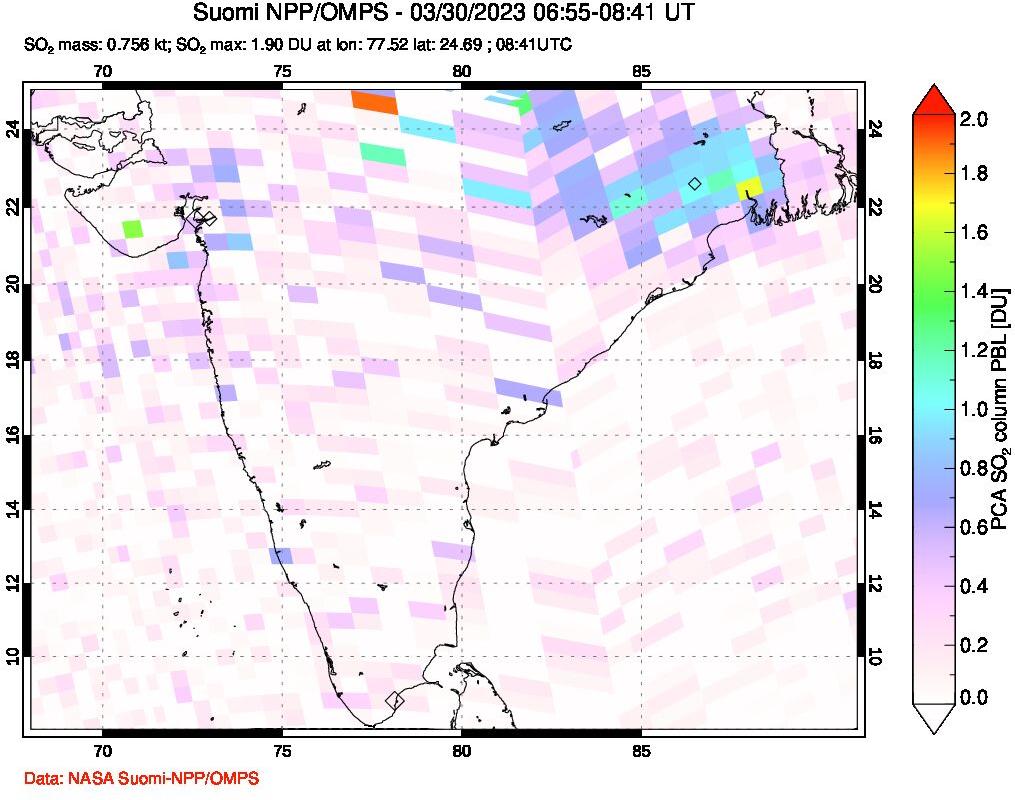 A sulfur dioxide image over India on Mar 30, 2023.
