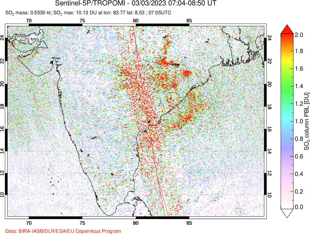 A sulfur dioxide image over India on Mar 03, 2023.