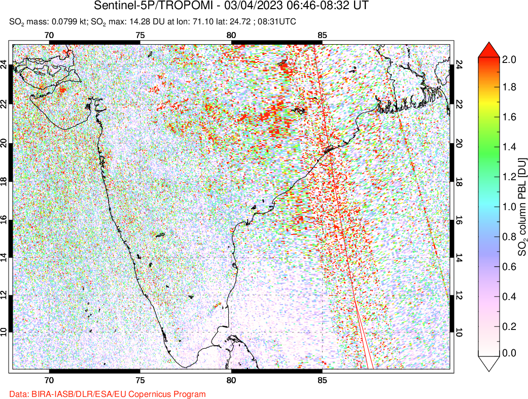 A sulfur dioxide image over India on Mar 04, 2023.
