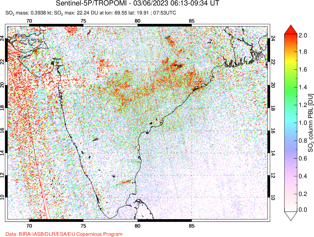A sulfur dioxide image over India on Mar 06, 2023.