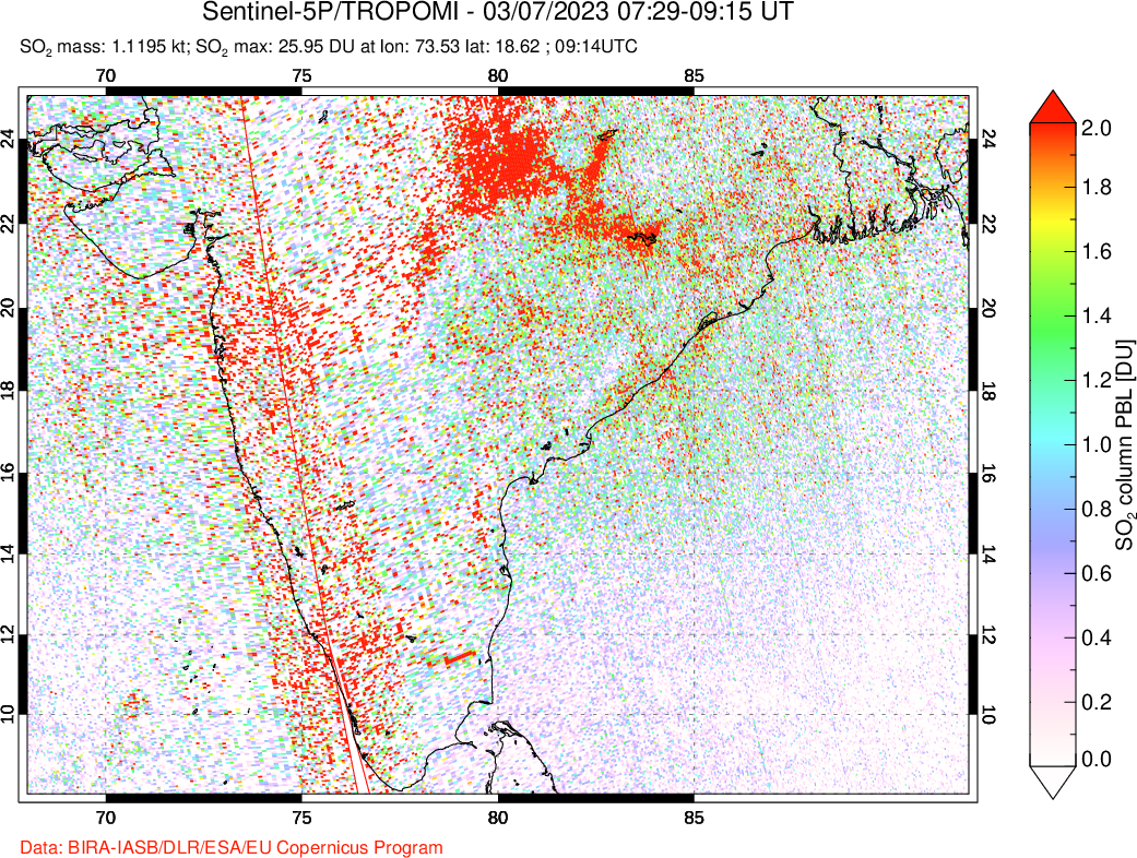 A sulfur dioxide image over India on Mar 07, 2023.