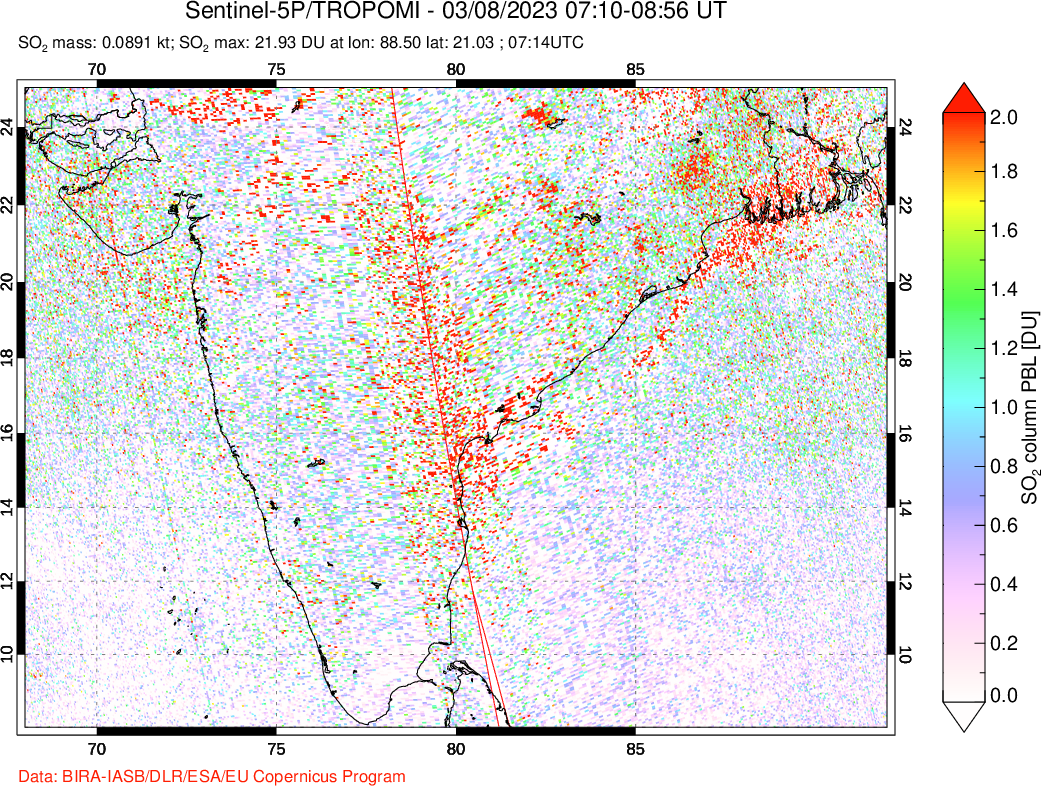 A sulfur dioxide image over India on Mar 08, 2023.
