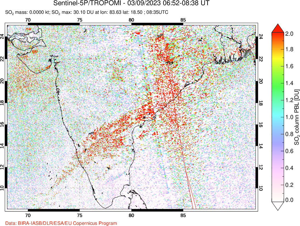 A sulfur dioxide image over India on Mar 09, 2023.