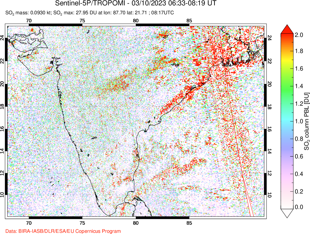 A sulfur dioxide image over India on Mar 10, 2023.