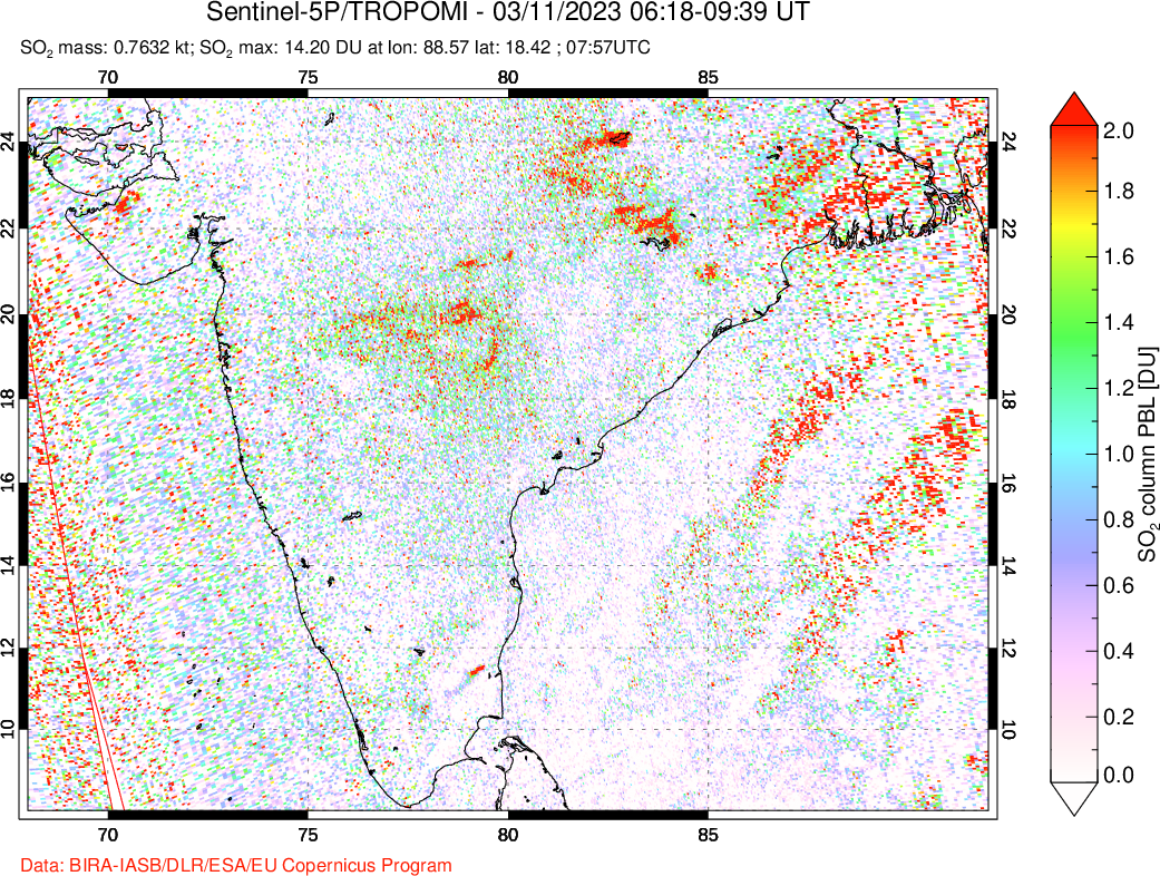 A sulfur dioxide image over India on Mar 11, 2023.