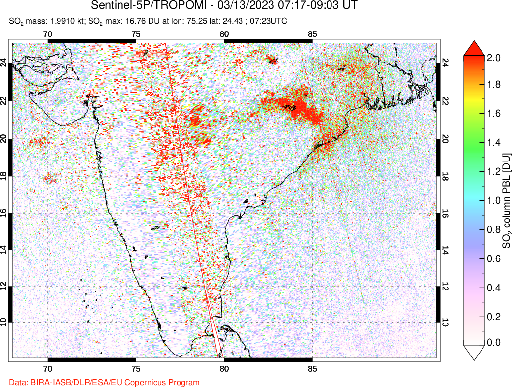 A sulfur dioxide image over India on Mar 13, 2023.