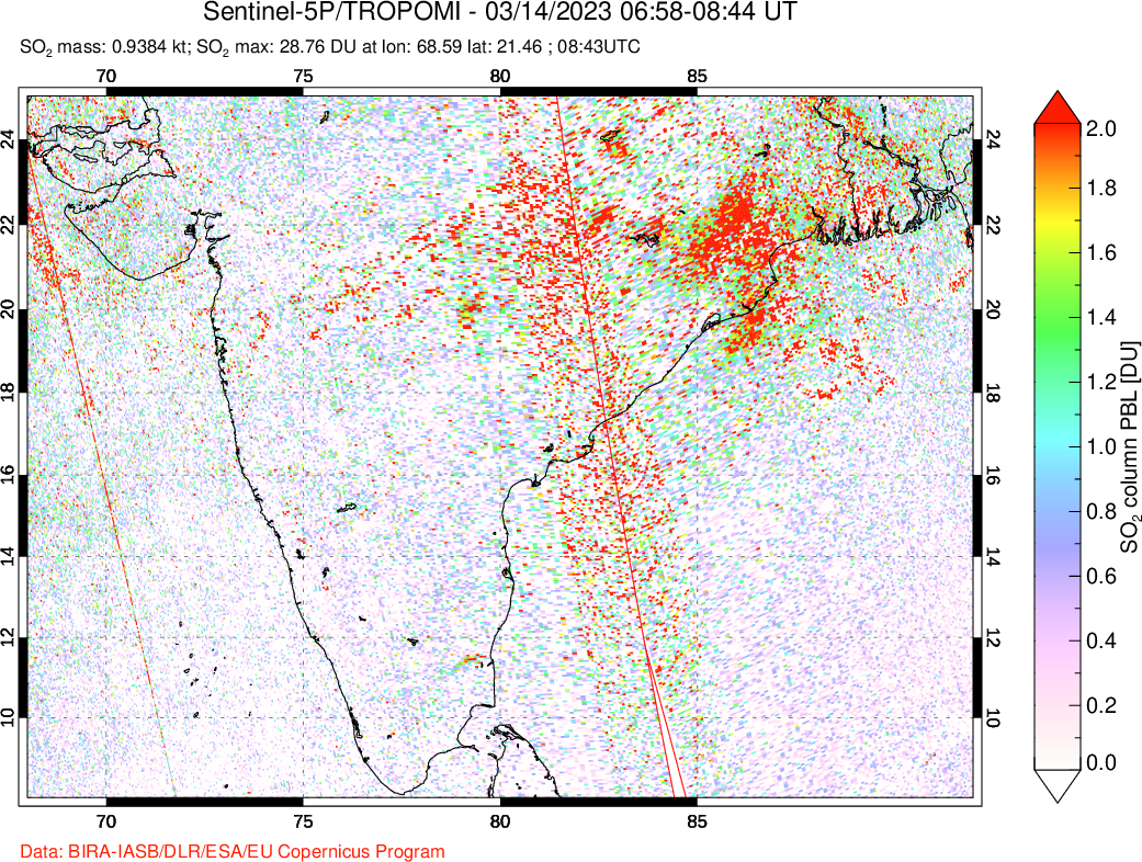 A sulfur dioxide image over India on Mar 14, 2023.