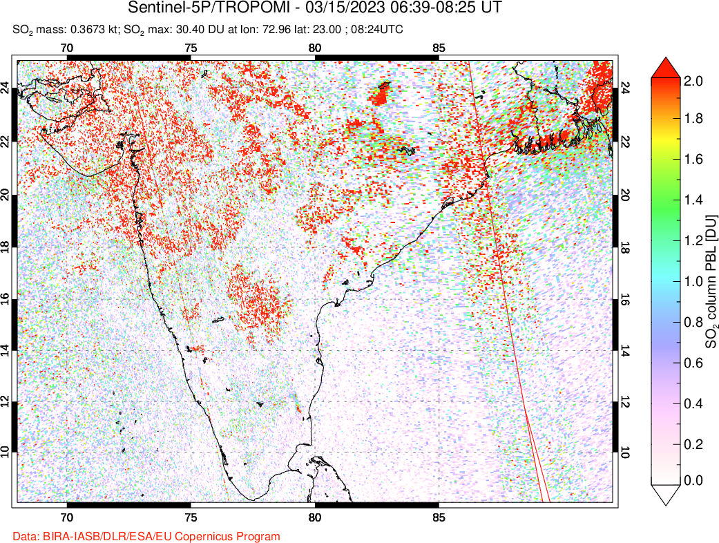 A sulfur dioxide image over India on Mar 15, 2023.