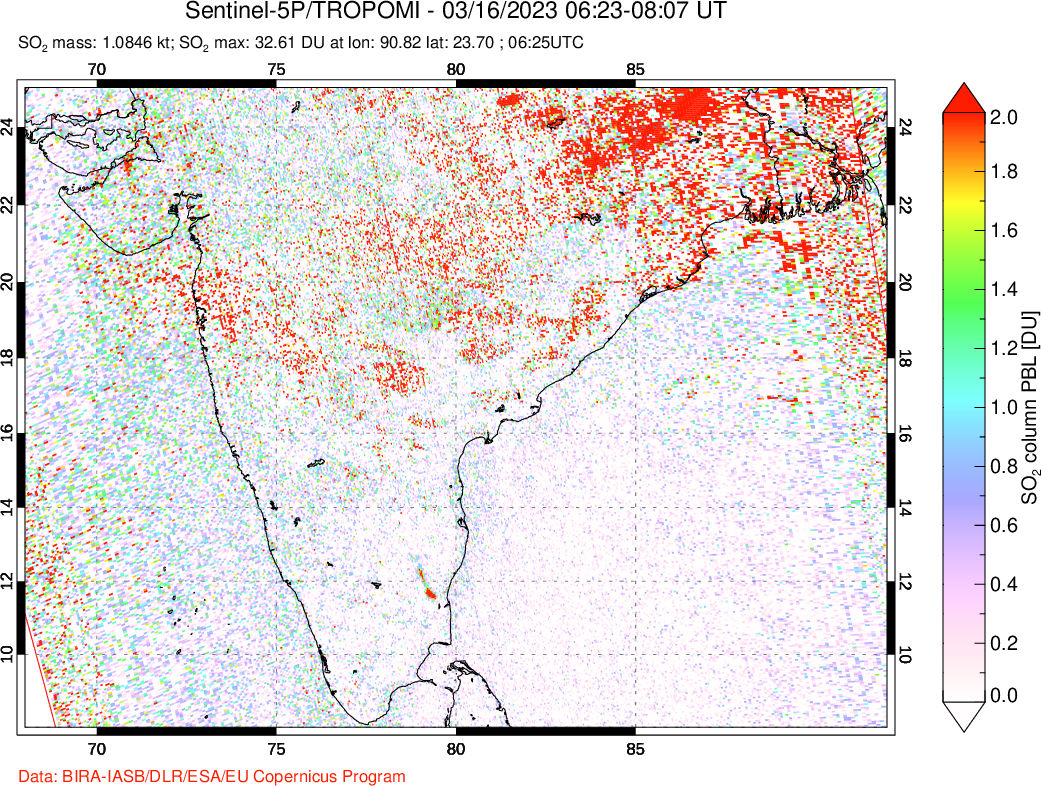 A sulfur dioxide image over India on Mar 16, 2023.