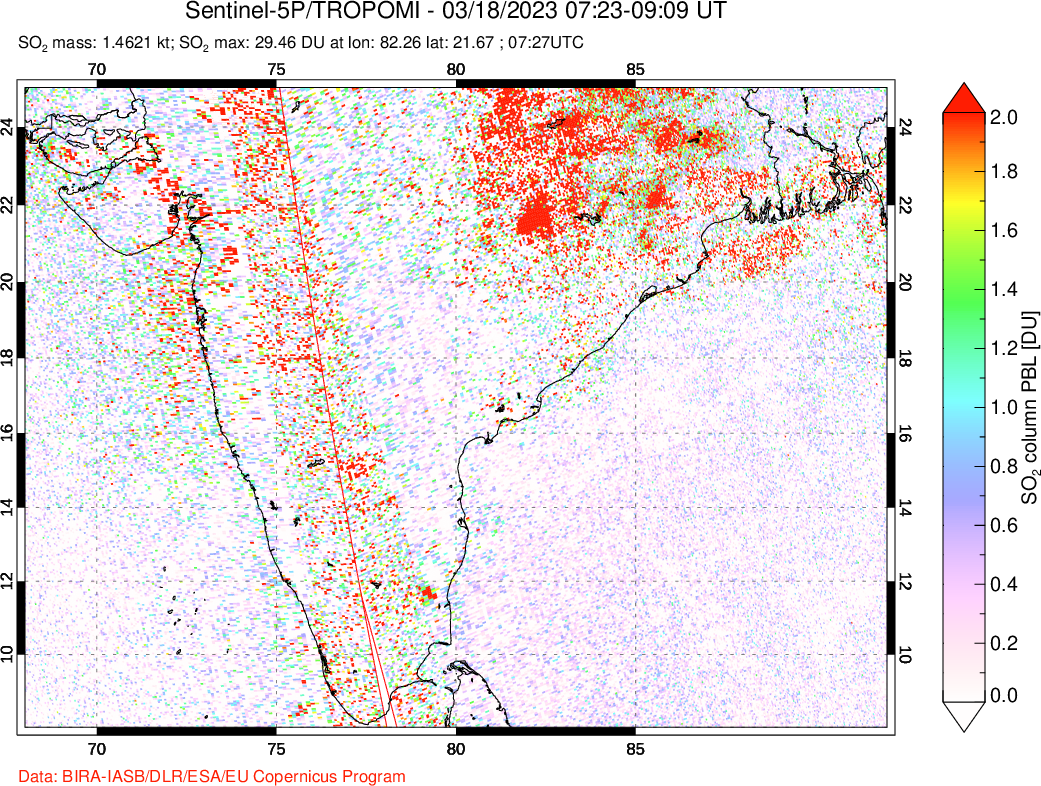 A sulfur dioxide image over India on Mar 18, 2023.
