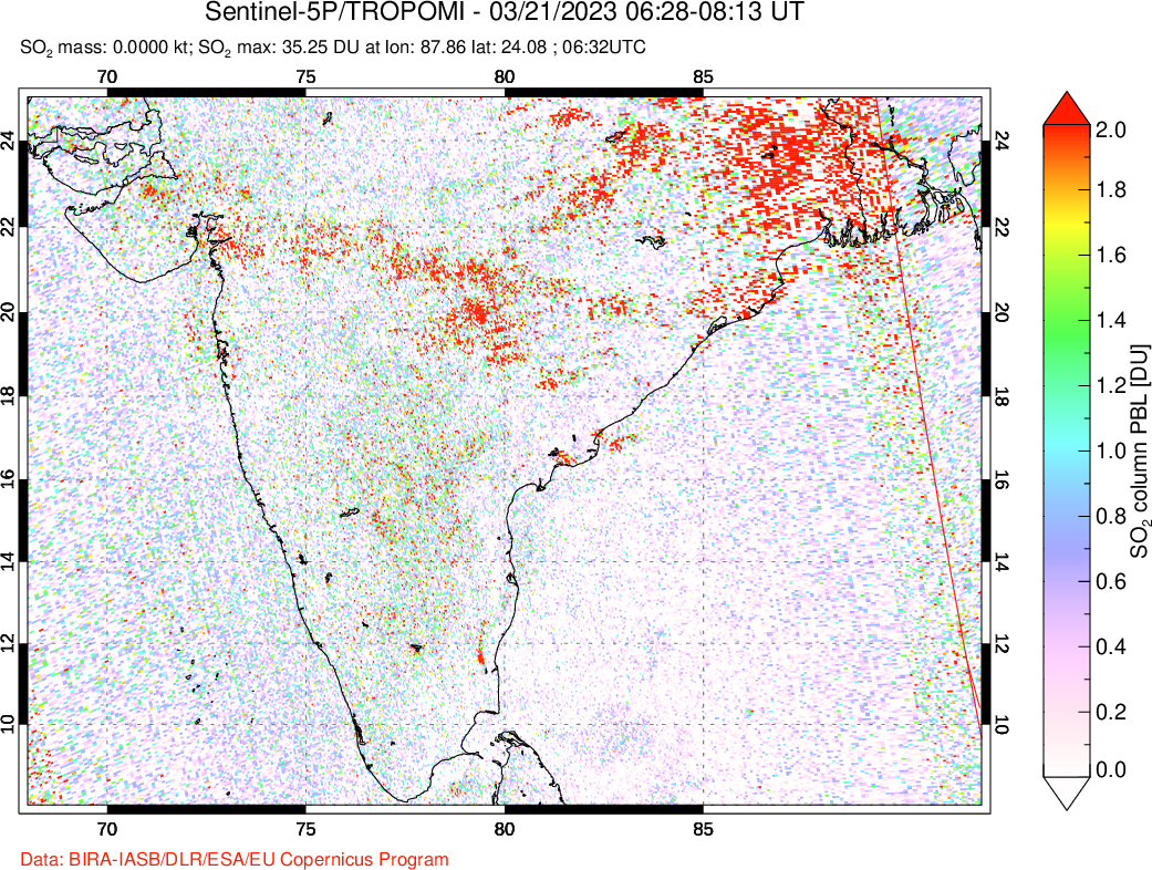 A sulfur dioxide image over India on Mar 21, 2023.