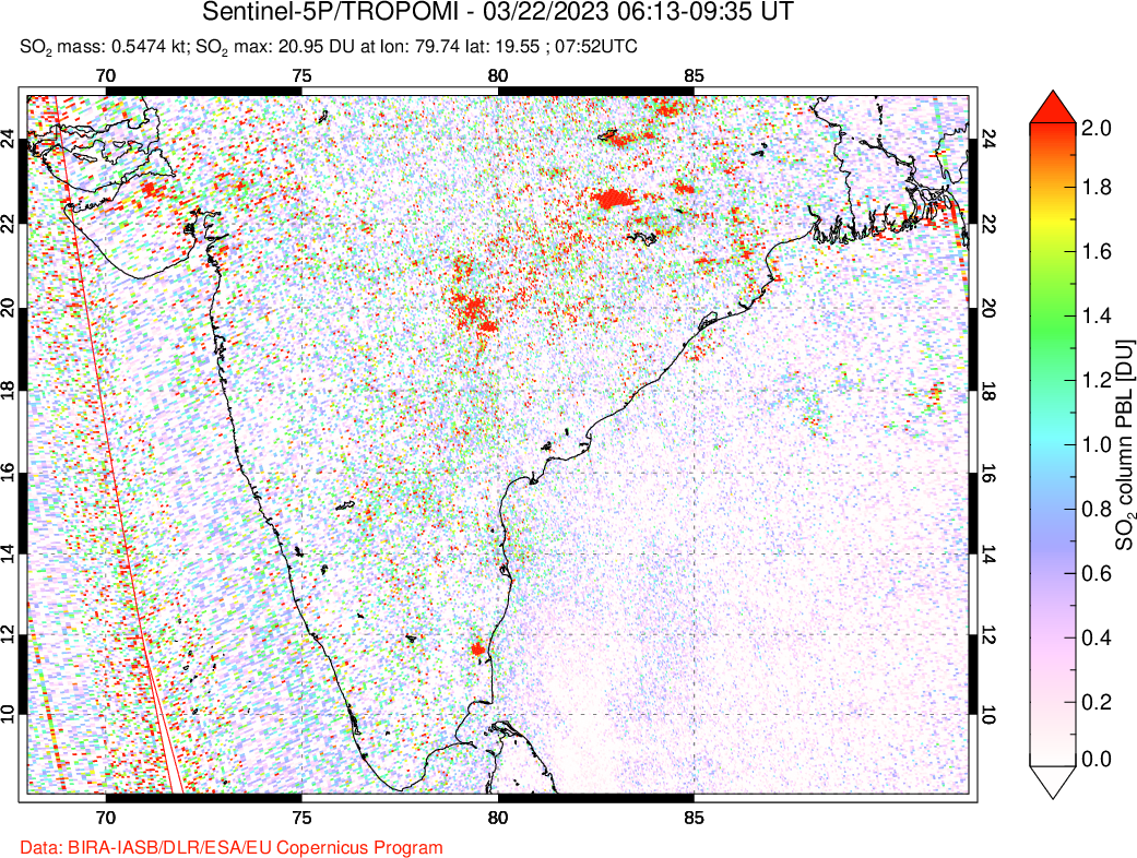 A sulfur dioxide image over India on Mar 22, 2023.