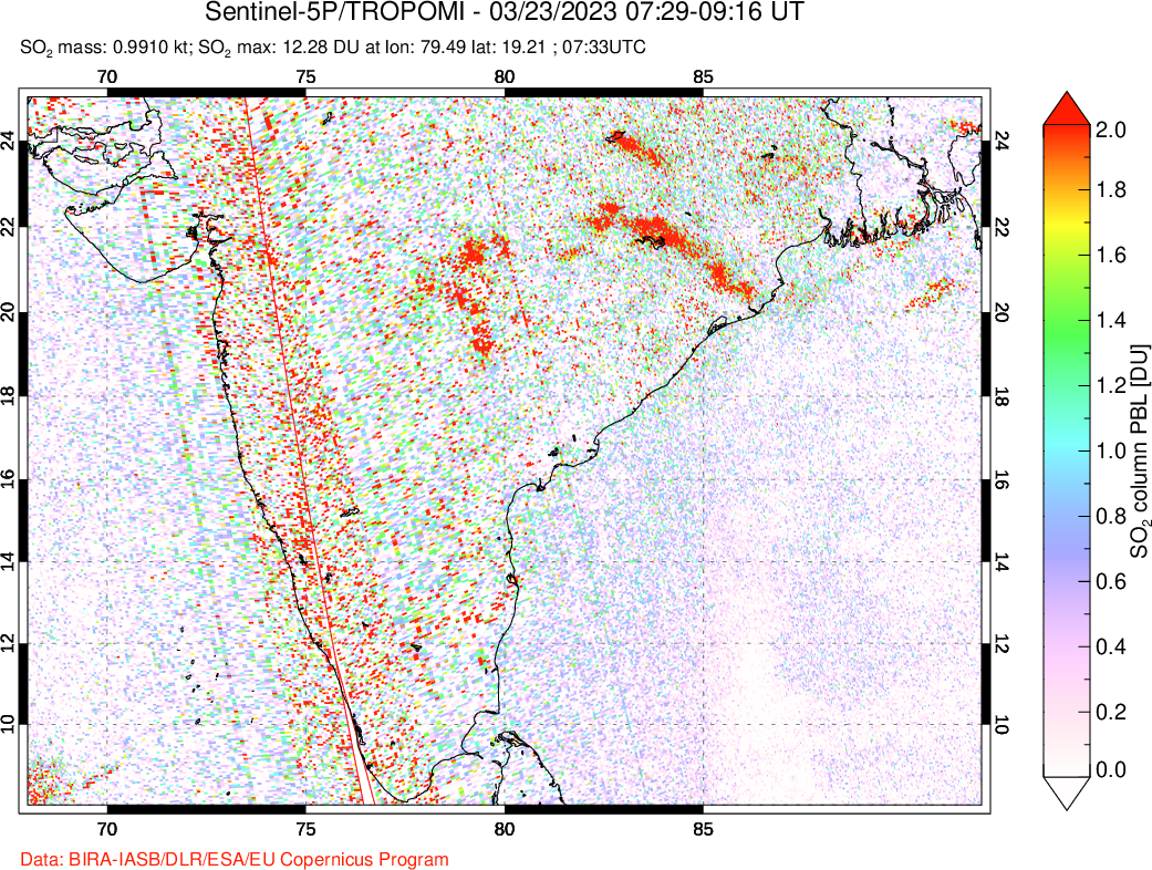 A sulfur dioxide image over India on Mar 23, 2023.