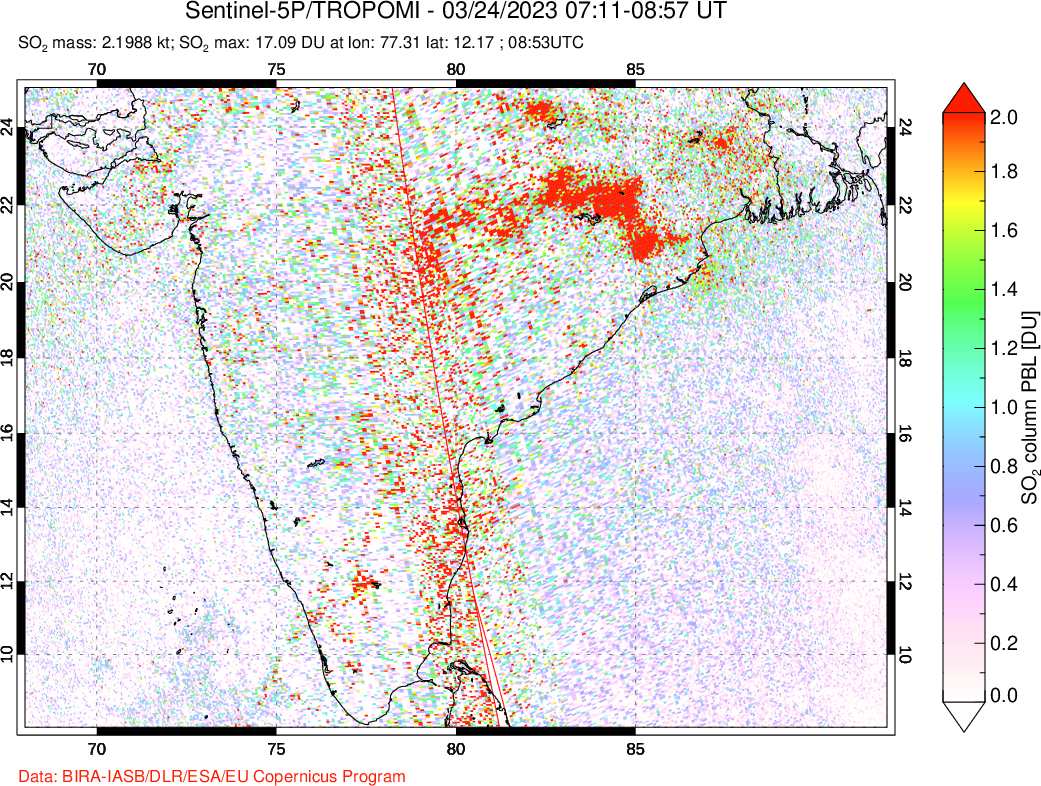 A sulfur dioxide image over India on Mar 24, 2023.