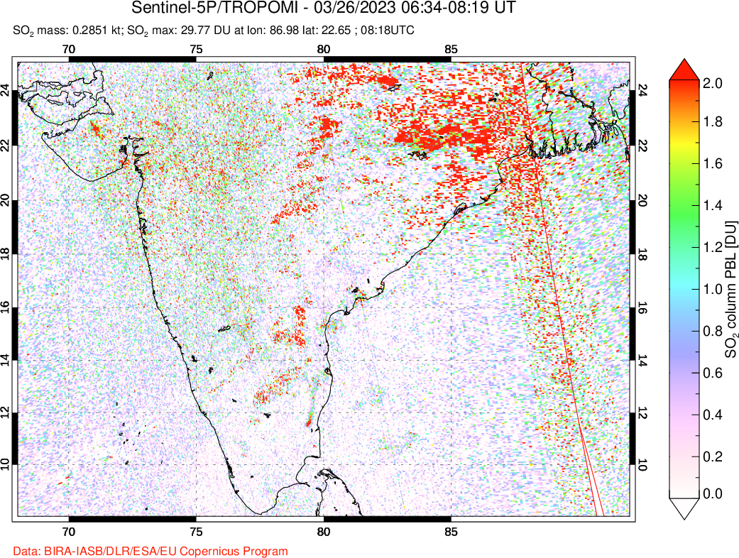 A sulfur dioxide image over India on Mar 26, 2023.