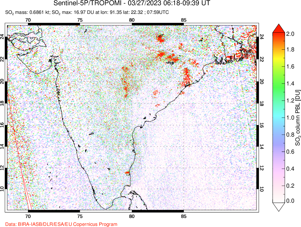A sulfur dioxide image over India on Mar 27, 2023.