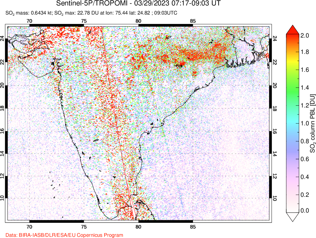 A sulfur dioxide image over India on Mar 29, 2023.