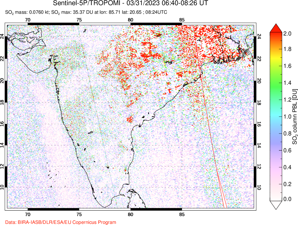 A sulfur dioxide image over India on Mar 31, 2023.