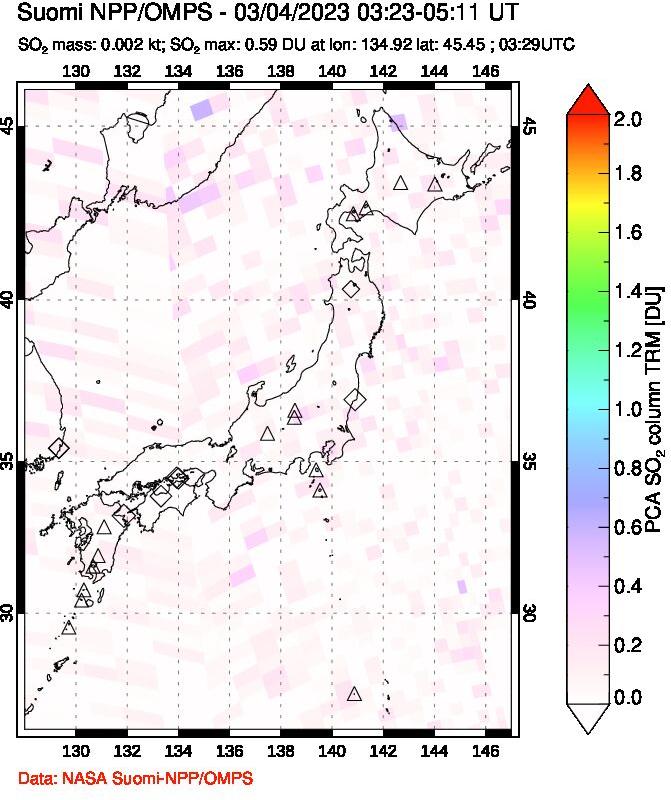 A sulfur dioxide image over Japan on Mar 04, 2023.