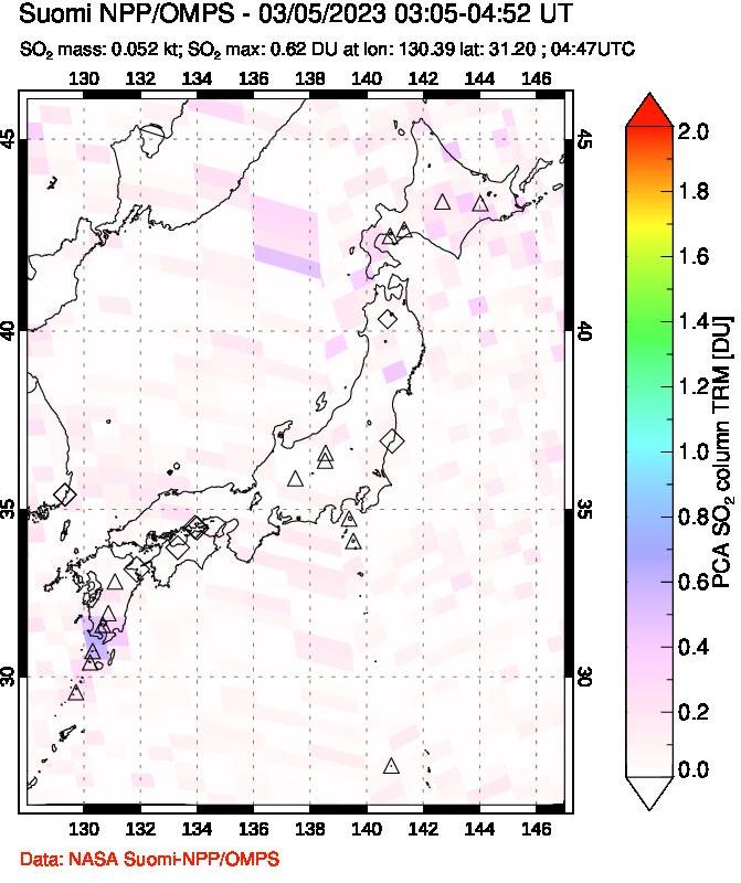 A sulfur dioxide image over Japan on Mar 05, 2023.