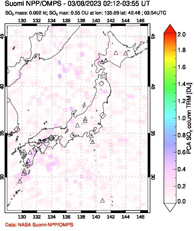 A sulfur dioxide image over Japan on Mar 08, 2023.
