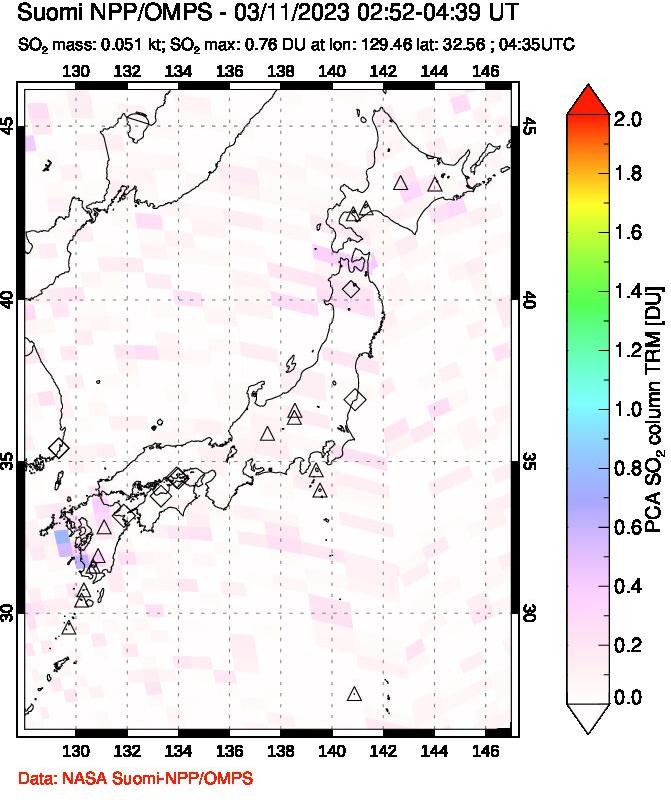 A sulfur dioxide image over Japan on Mar 11, 2023.