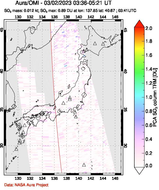 A sulfur dioxide image over Japan on Mar 02, 2023.