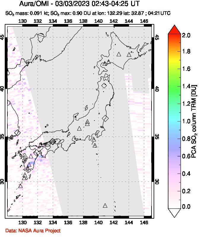 A sulfur dioxide image over Japan on Mar 03, 2023.