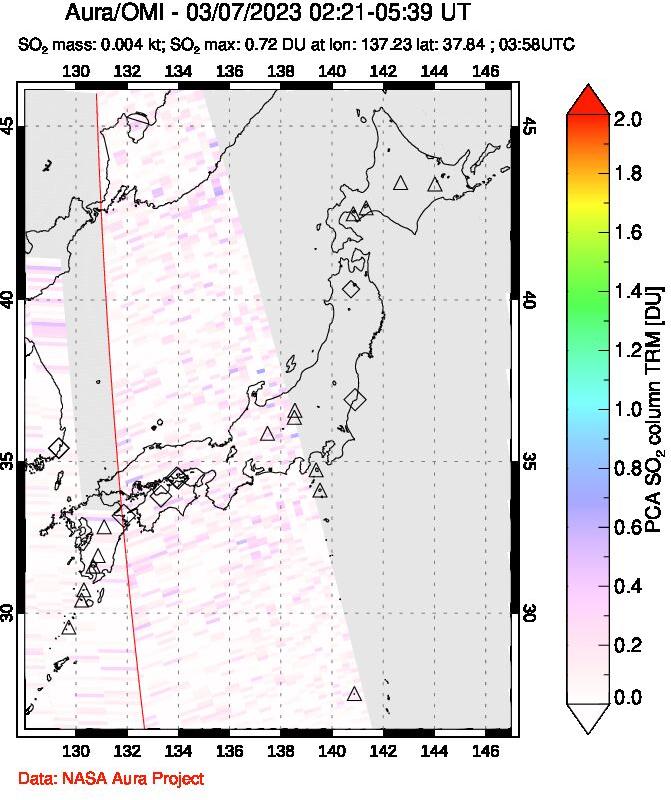 A sulfur dioxide image over Japan on Mar 07, 2023.