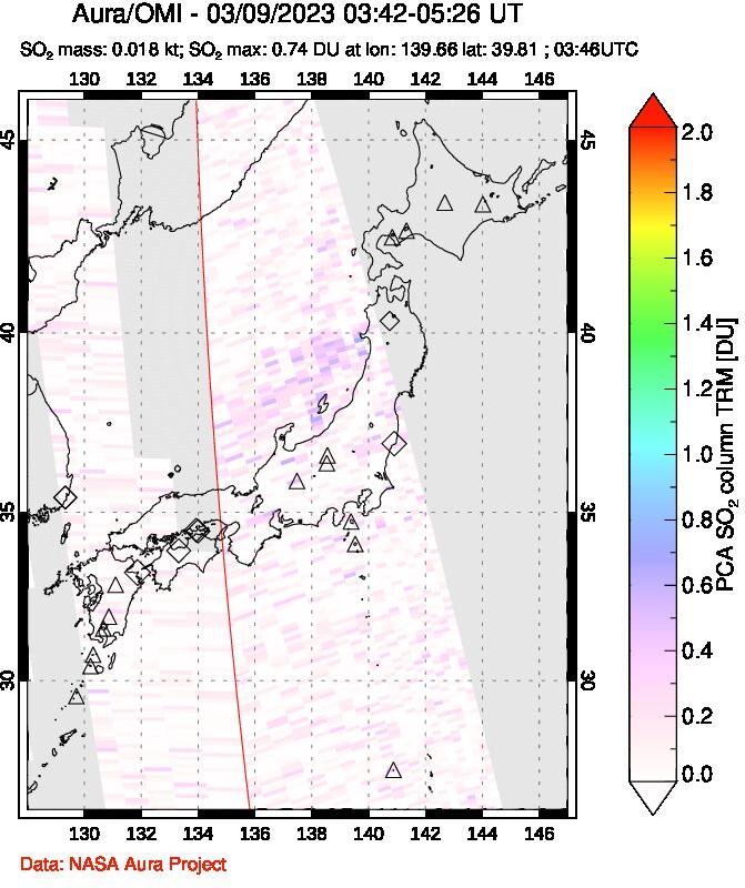 A sulfur dioxide image over Japan on Mar 09, 2023.