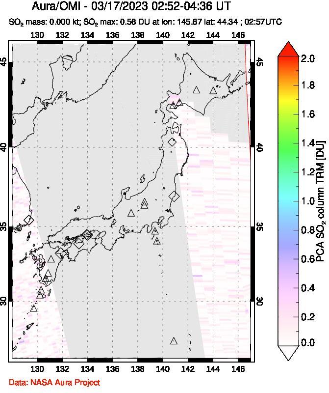 A sulfur dioxide image over Japan on Mar 17, 2023.