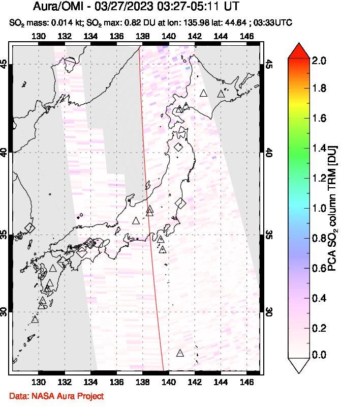 A sulfur dioxide image over Japan on Mar 27, 2023.