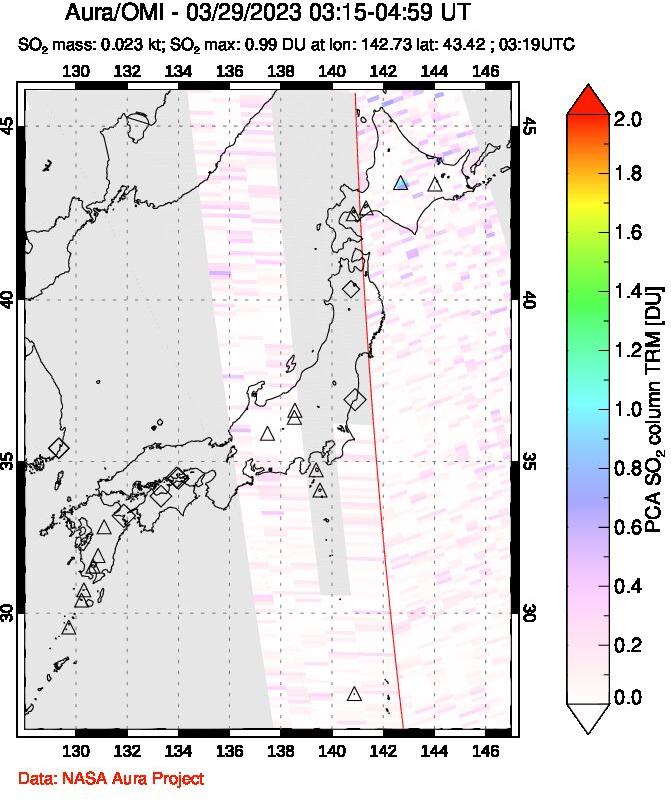 A sulfur dioxide image over Japan on Mar 29, 2023.