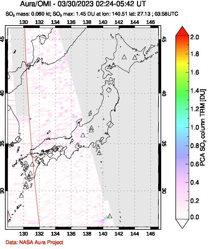 A sulfur dioxide image over Japan on Mar 30, 2023.