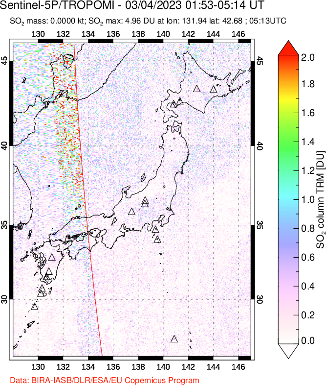 A sulfur dioxide image over Japan on Mar 04, 2023.