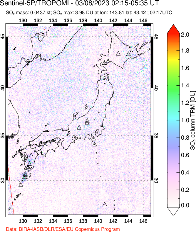 A sulfur dioxide image over Japan on Mar 08, 2023.