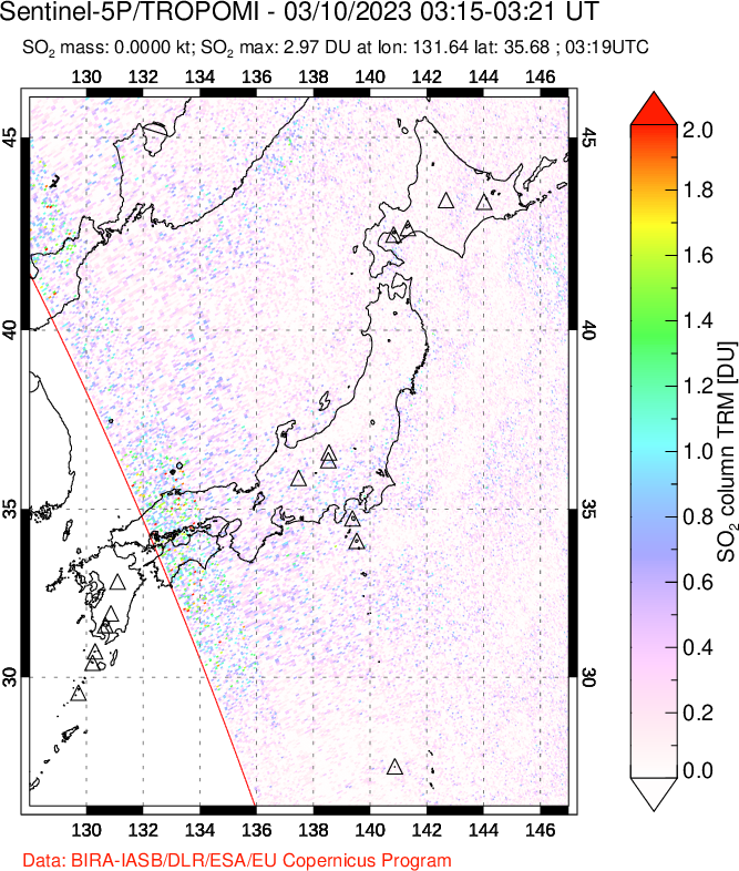 A sulfur dioxide image over Japan on Mar 10, 2023.