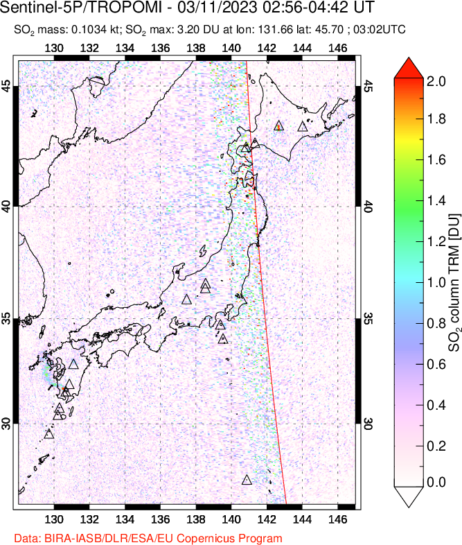 A sulfur dioxide image over Japan on Mar 11, 2023.