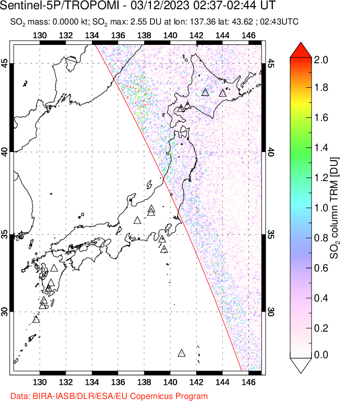 A sulfur dioxide image over Japan on Mar 12, 2023.