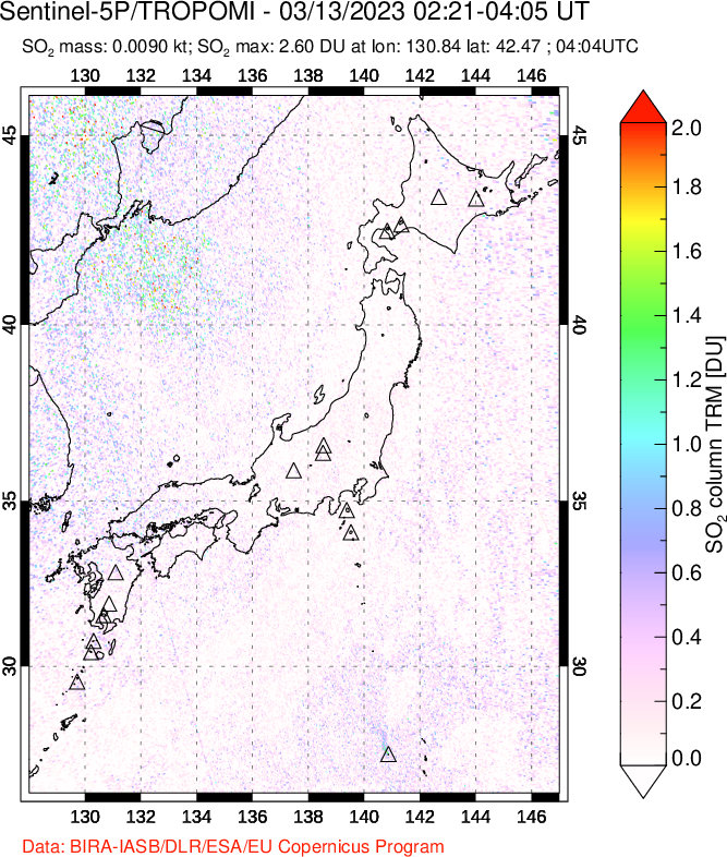 A sulfur dioxide image over Japan on Mar 13, 2023.