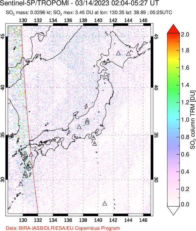 A sulfur dioxide image over Japan on Mar 14, 2023.