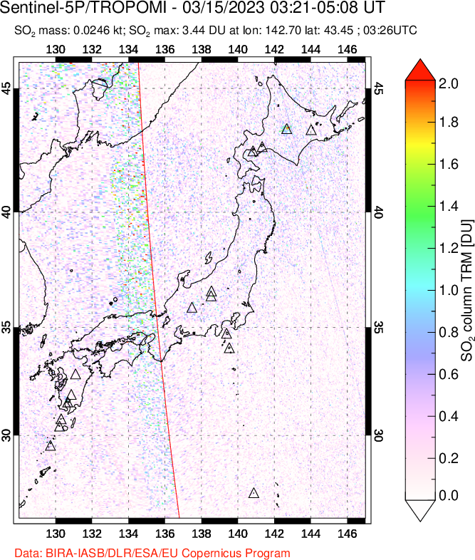 A sulfur dioxide image over Japan on Mar 15, 2023.