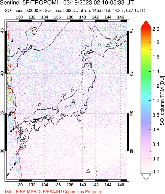 A sulfur dioxide image over Japan on Mar 19, 2023.