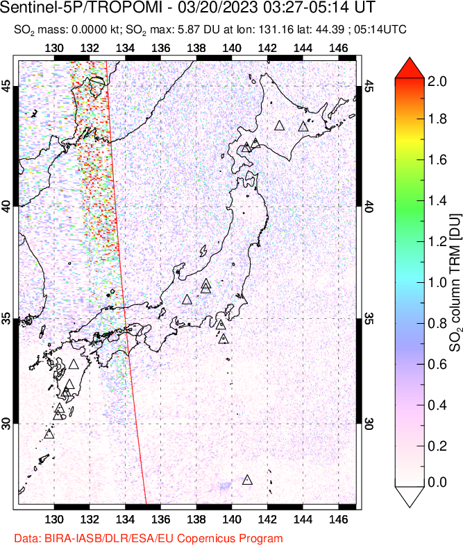 A sulfur dioxide image over Japan on Mar 20, 2023.