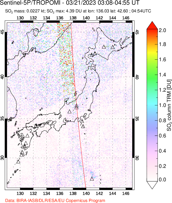 A sulfur dioxide image over Japan on Mar 21, 2023.