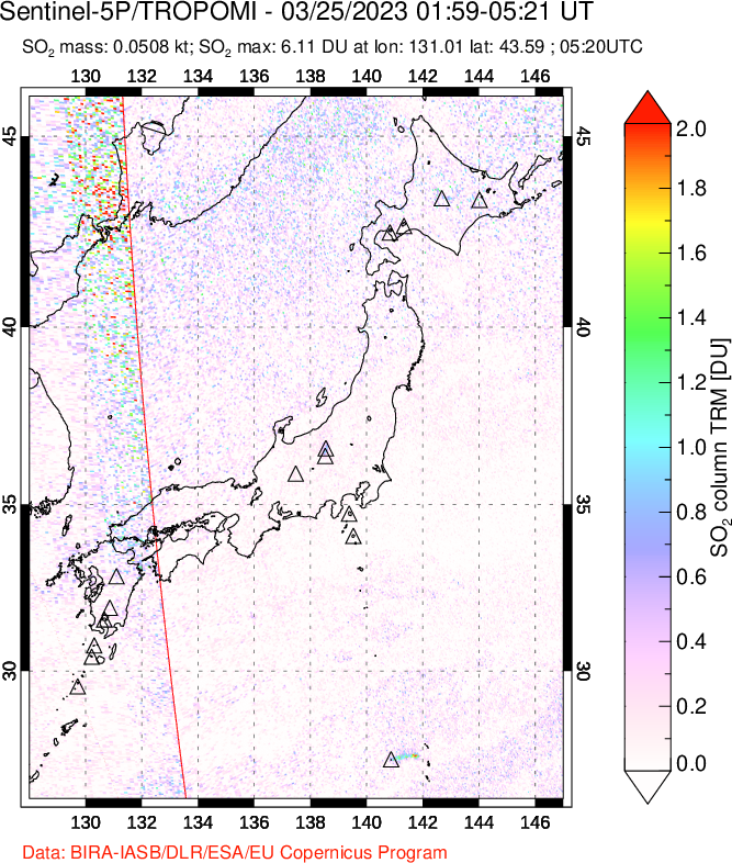 A sulfur dioxide image over Japan on Mar 25, 2023.